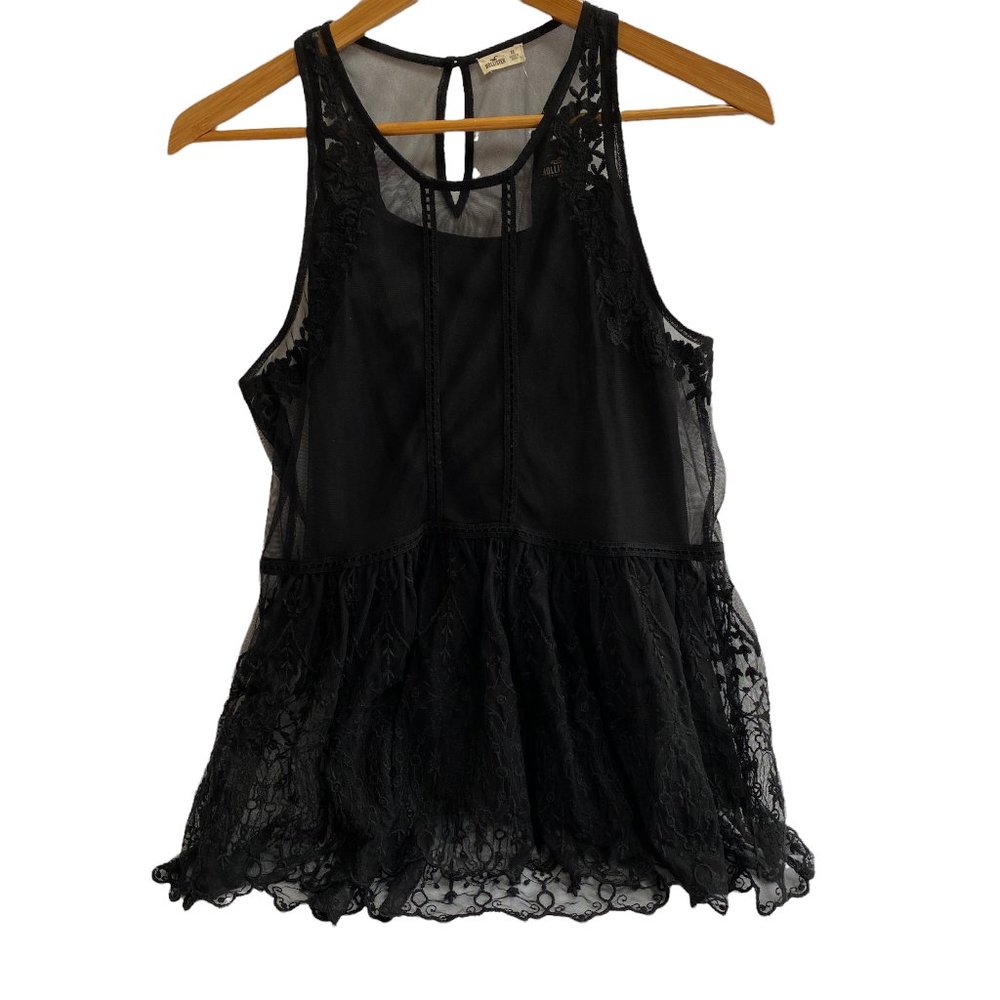 Hollister Sheer Mesh Embroidered Tank Top Flowy Black Whimsigoth Y2K Fairy-XS